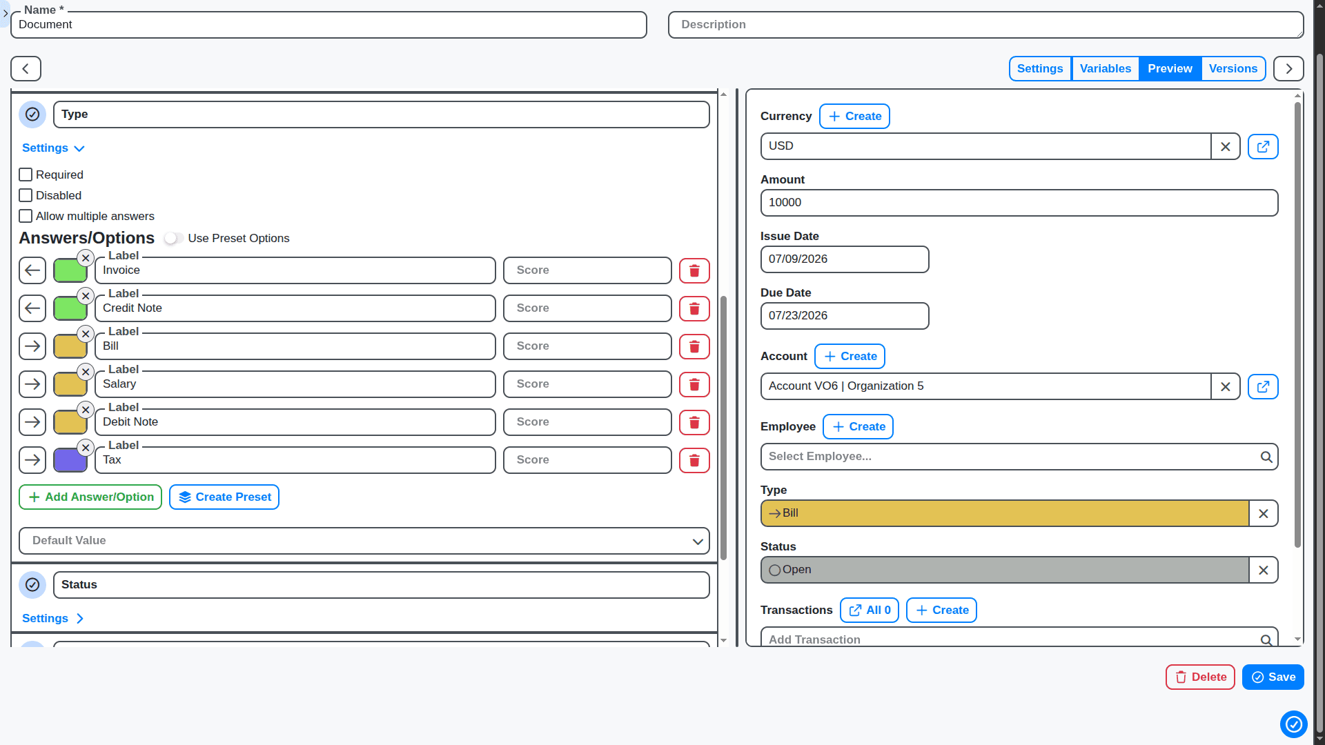 accounting management - document data model designer view