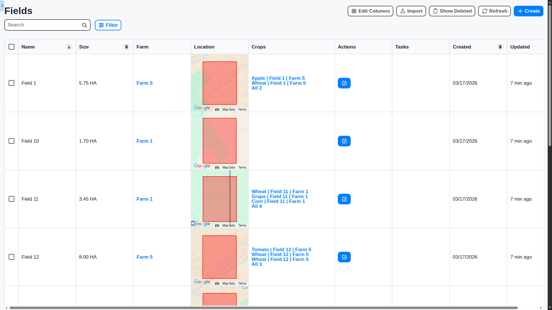 agriculture management fields table