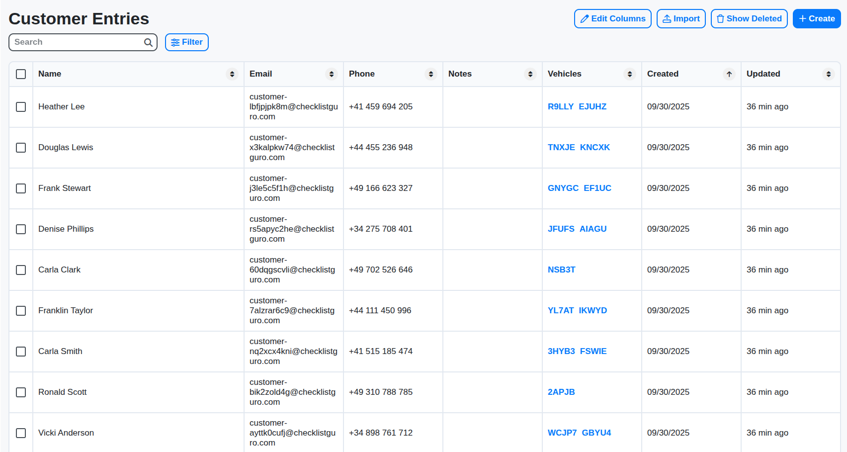 auto repair customers table screenshot
