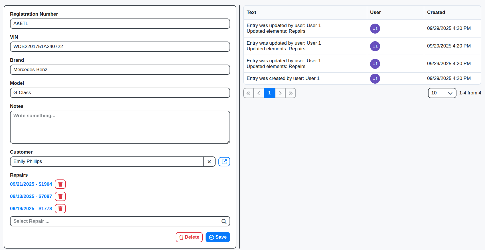 auto repair vehicle entry screenshot