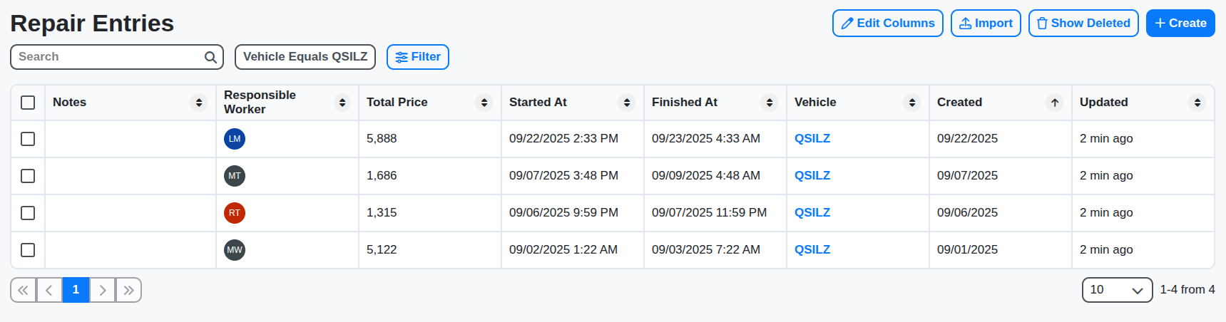 vehicle repairs table screenshot
