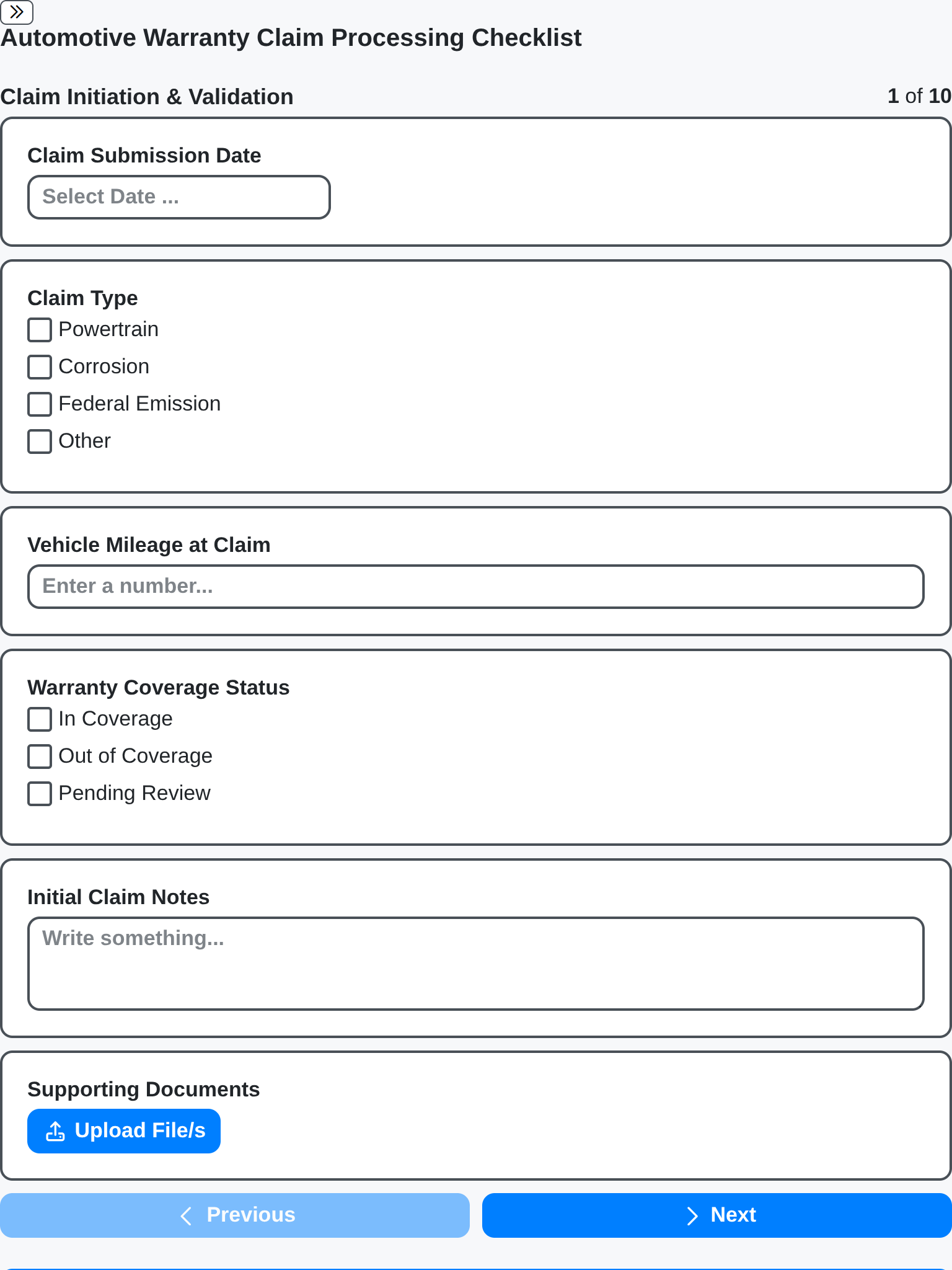 automotive warranty claim processing checklist tablet screenshot
