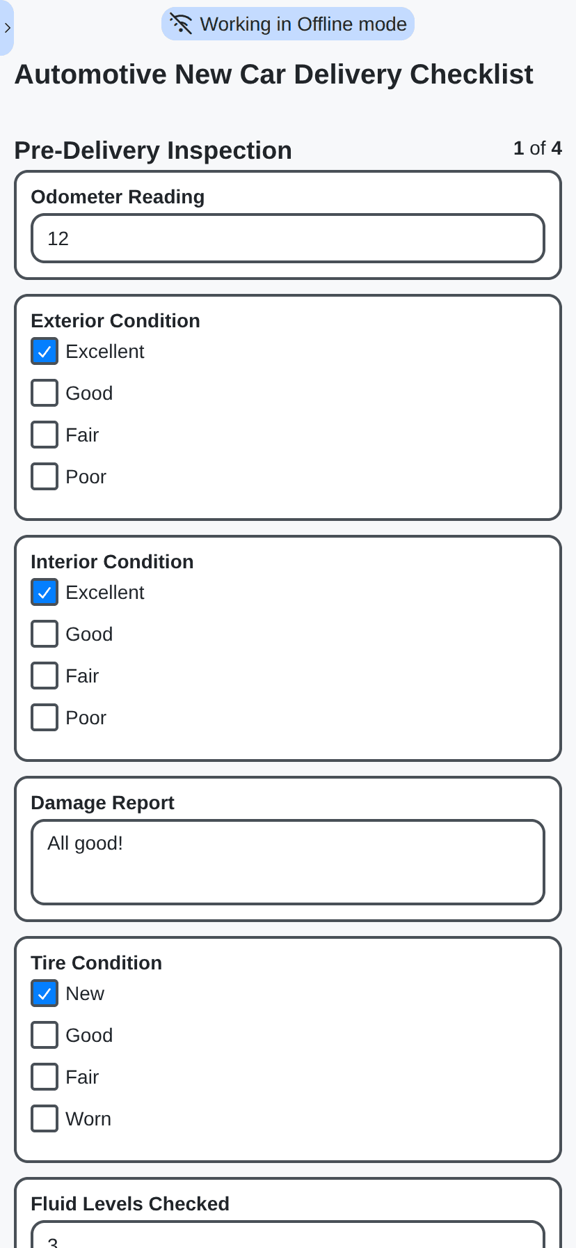 automotive industry management - new car delivery checklist on mobile working in offline mode