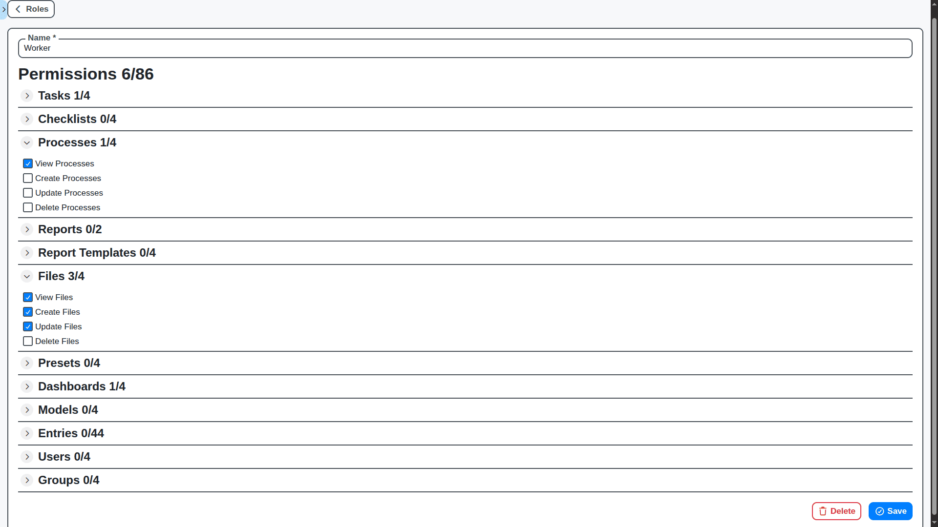 automotive industry management - worker role permissions detail view