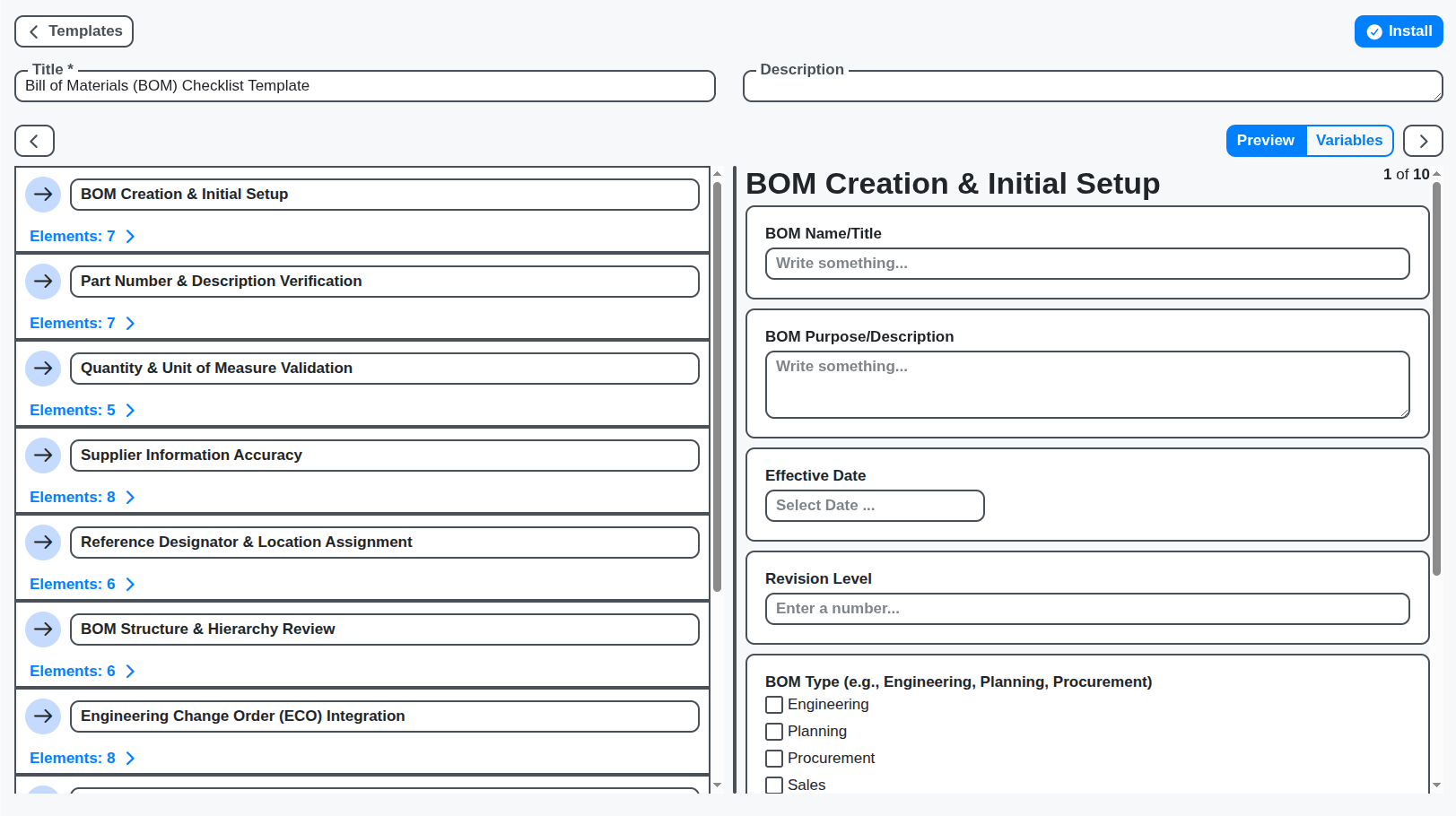 bill of materials (BOM) checklist screenshot