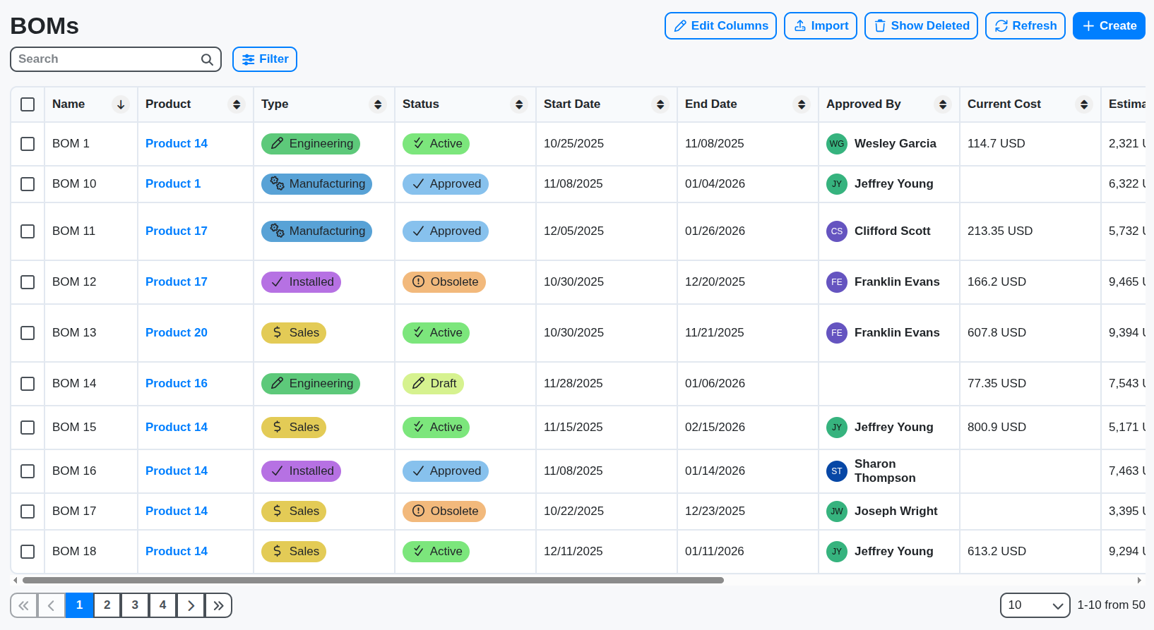 bom bill of materials table screenshot