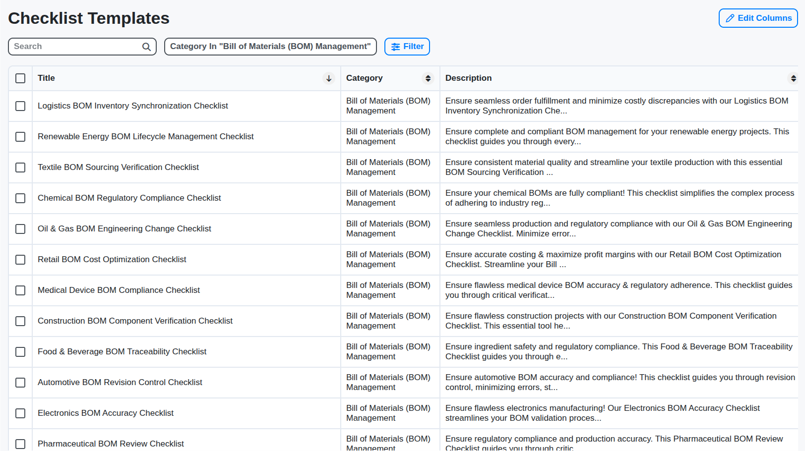 bom checklist templates