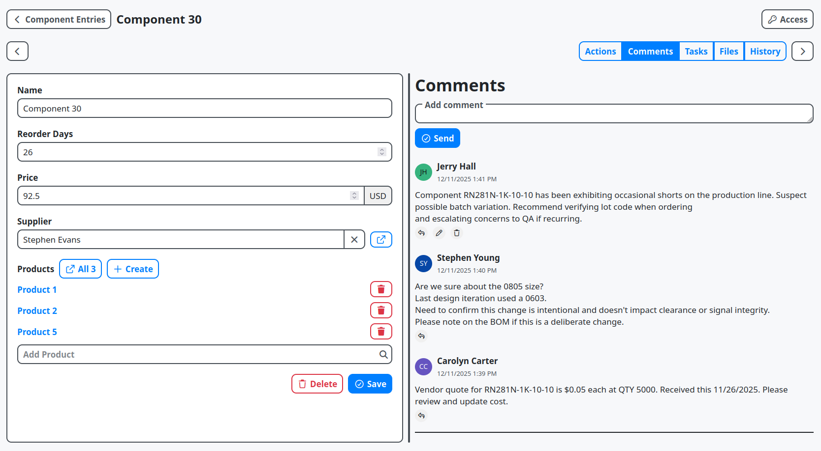 bom entry comments screenshot