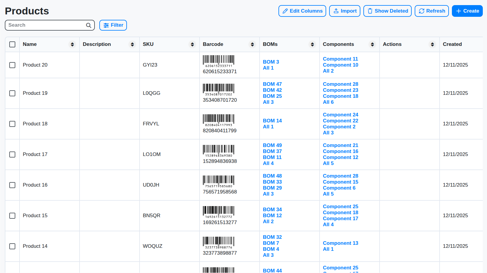 bom products table screenshot
