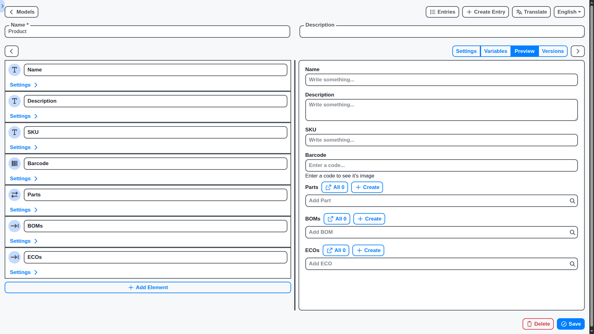 BOM - product data model designer view