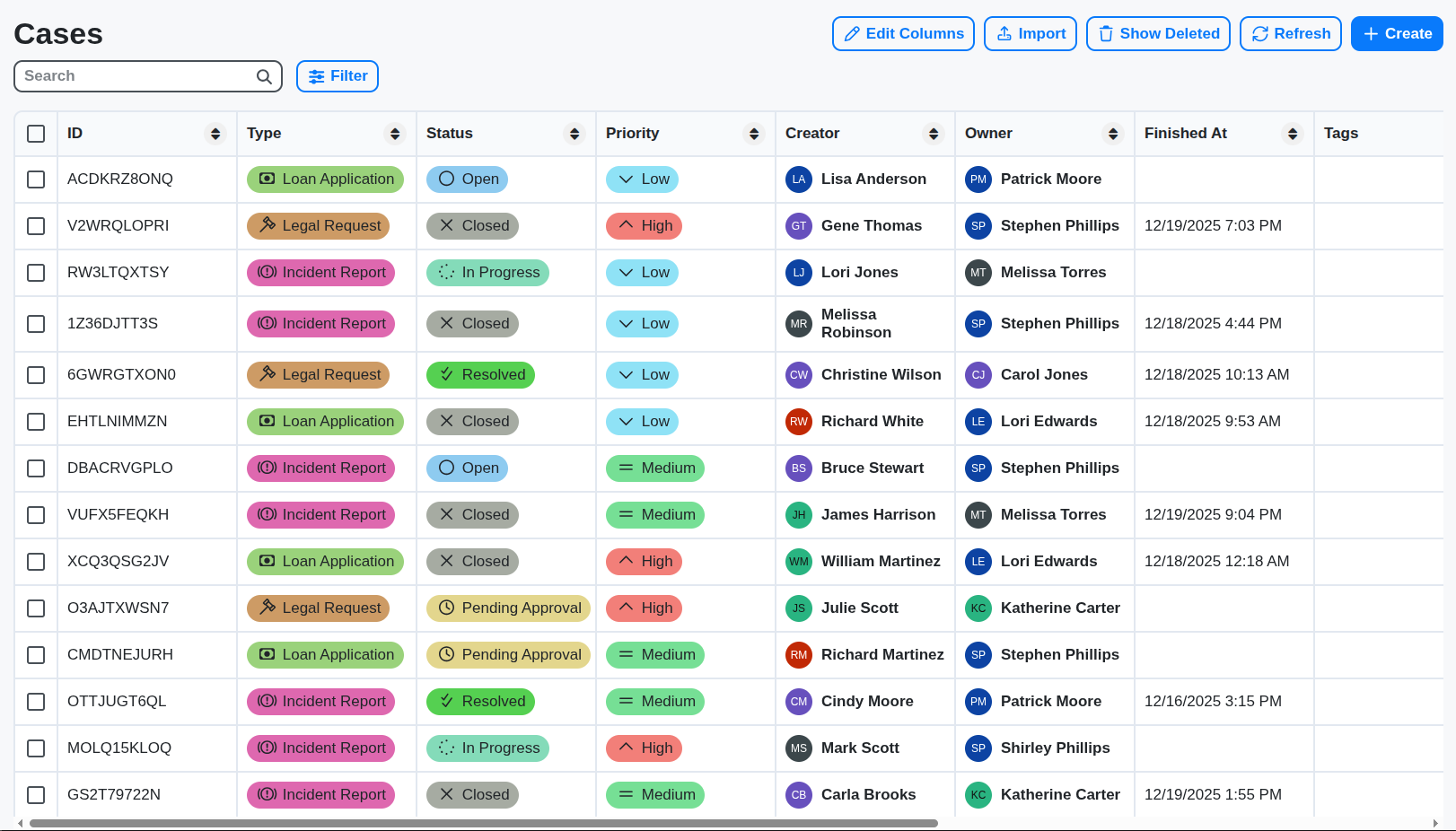 cases table screenshot