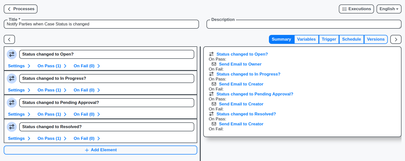 case notify parties when case status changes process