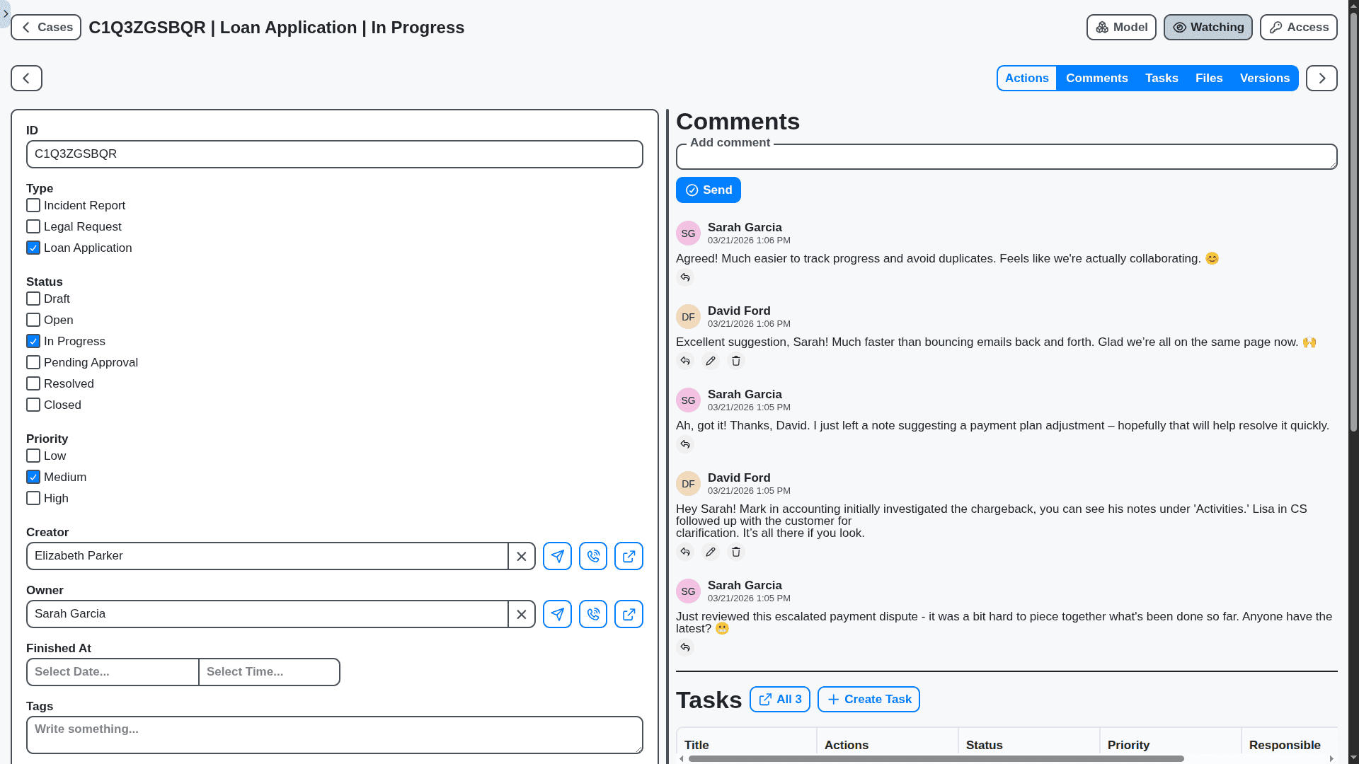 case management - case comments section conversation between two colleagues