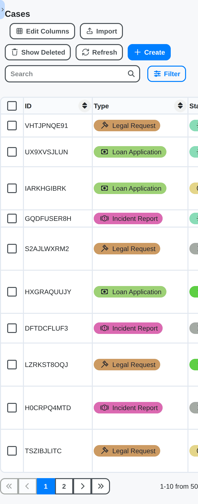 case management - cases table on mobile phone