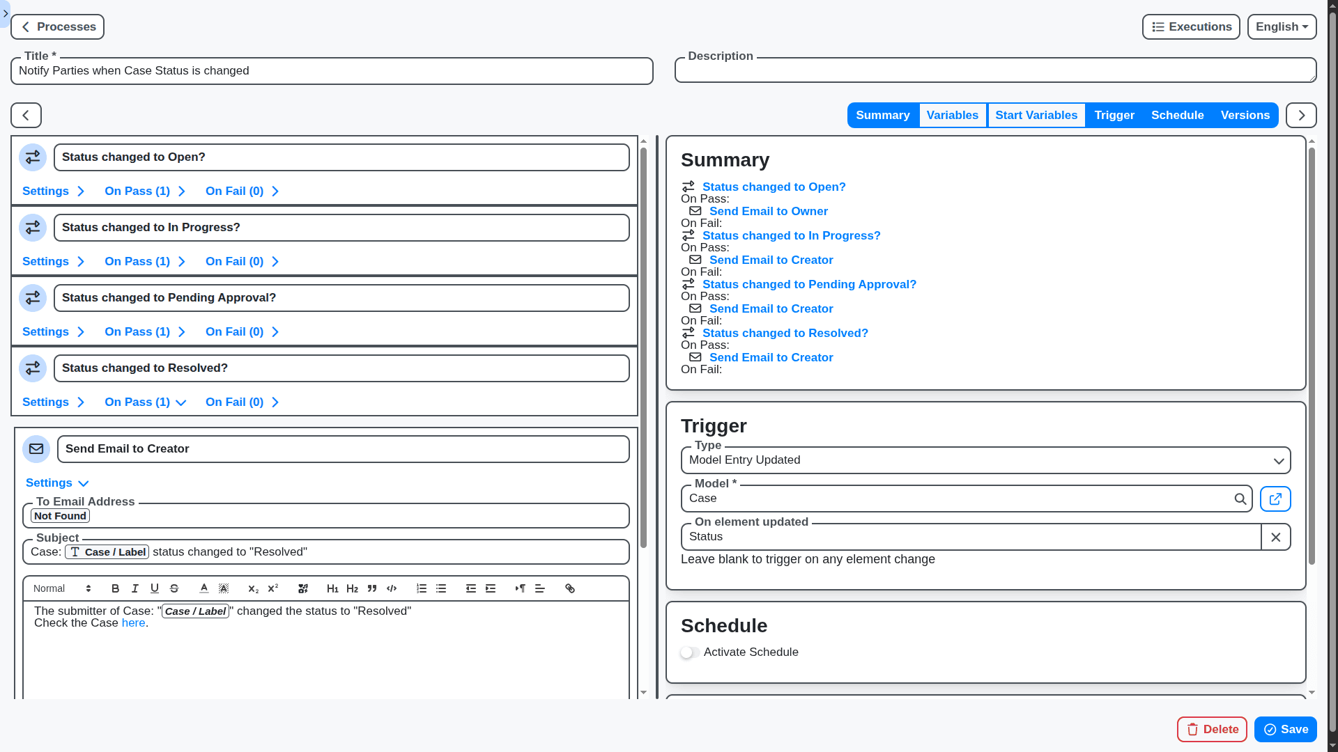 case management - notify parties when case status is changed process