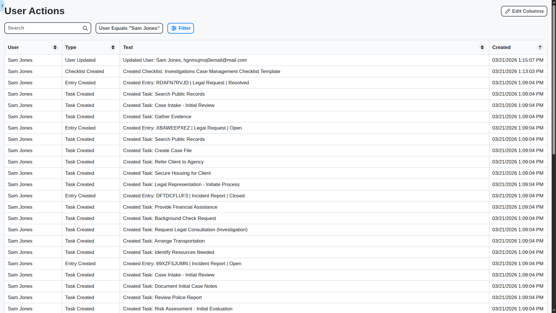 case management - user actions list