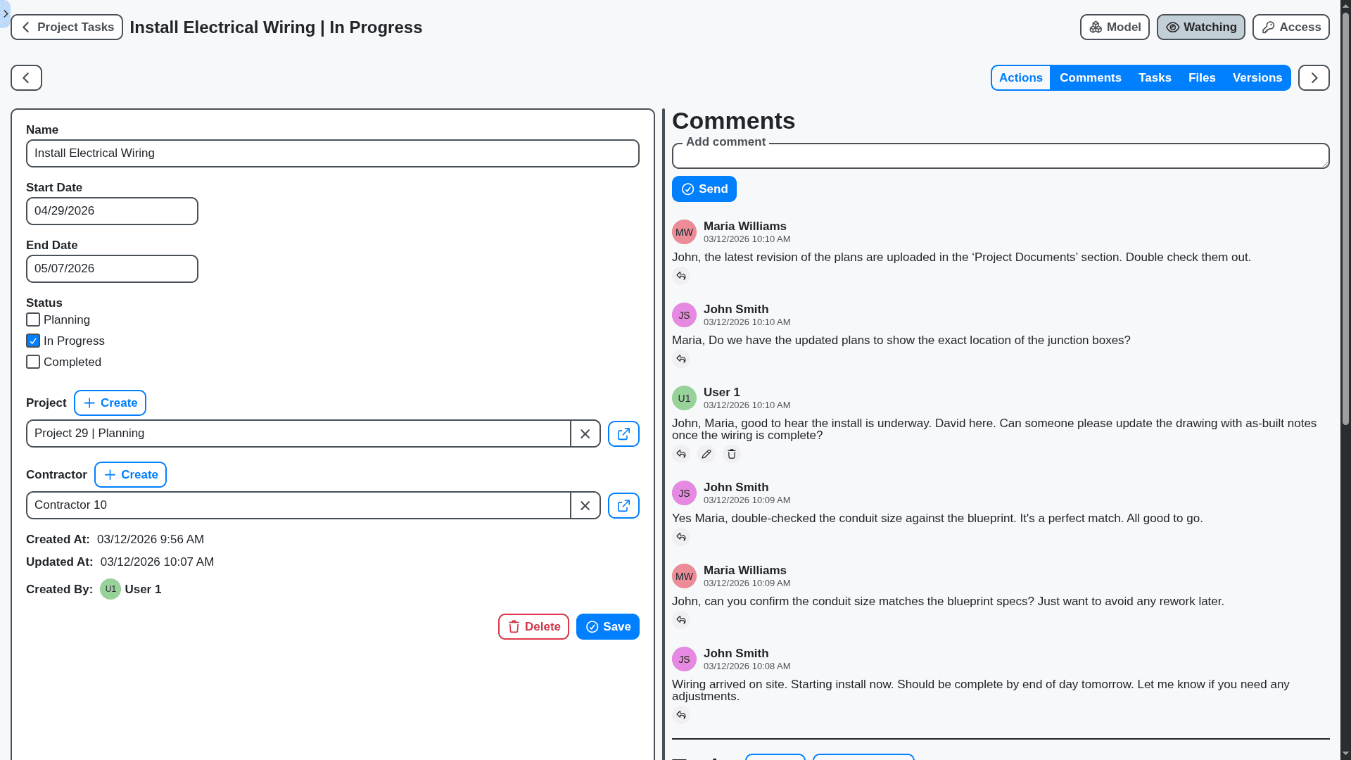 construction management sub task comments tread