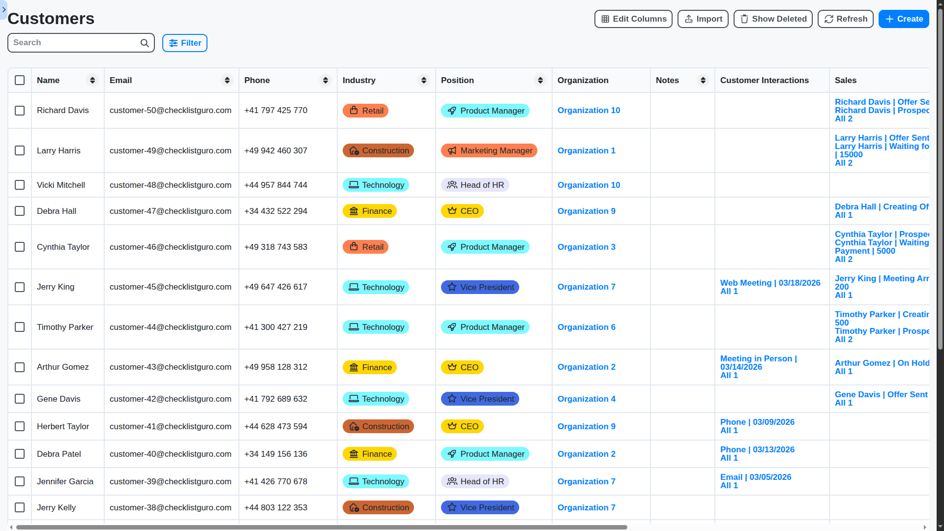 CRM - customers table dashboard