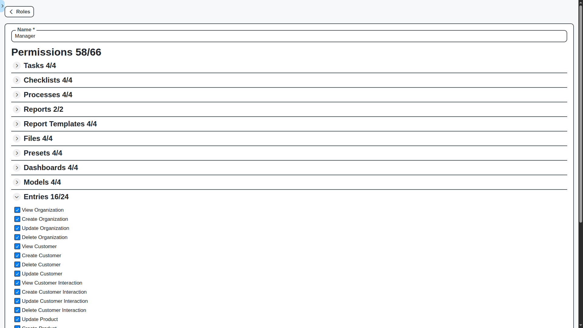 CRM - manager role permissions page