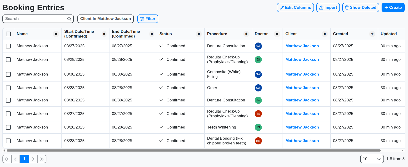 dental booking table for patient
