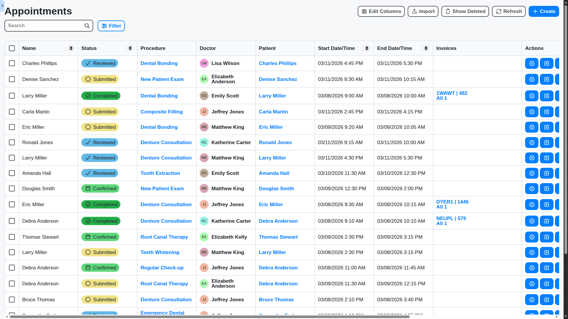 dental management appointments table