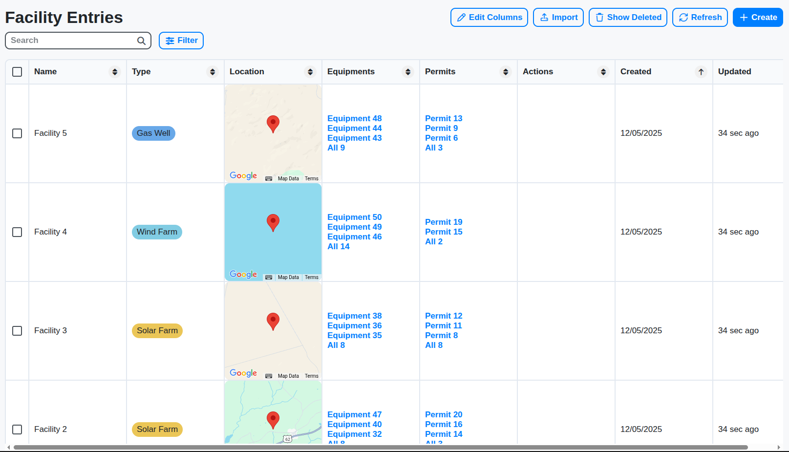 energy facilities table screenshot