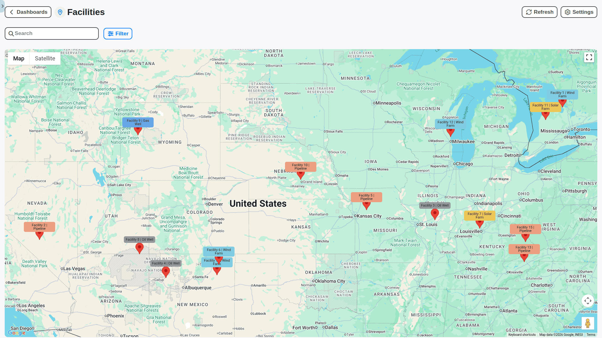 energy industry management - facilities map dashboard