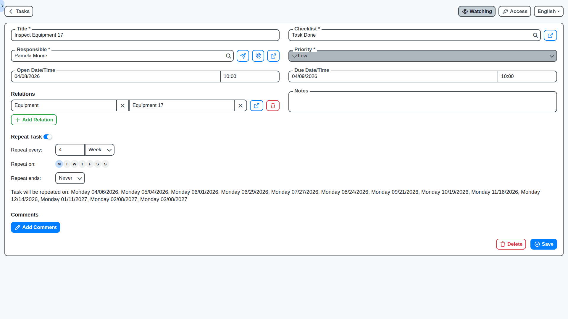 energy industry management - inspect equipment every 4 weeks repetition task