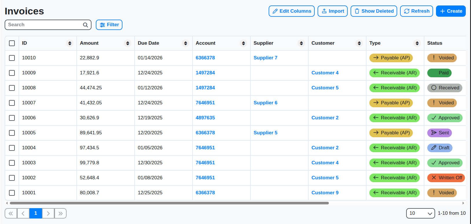 erp invoices table screenshot