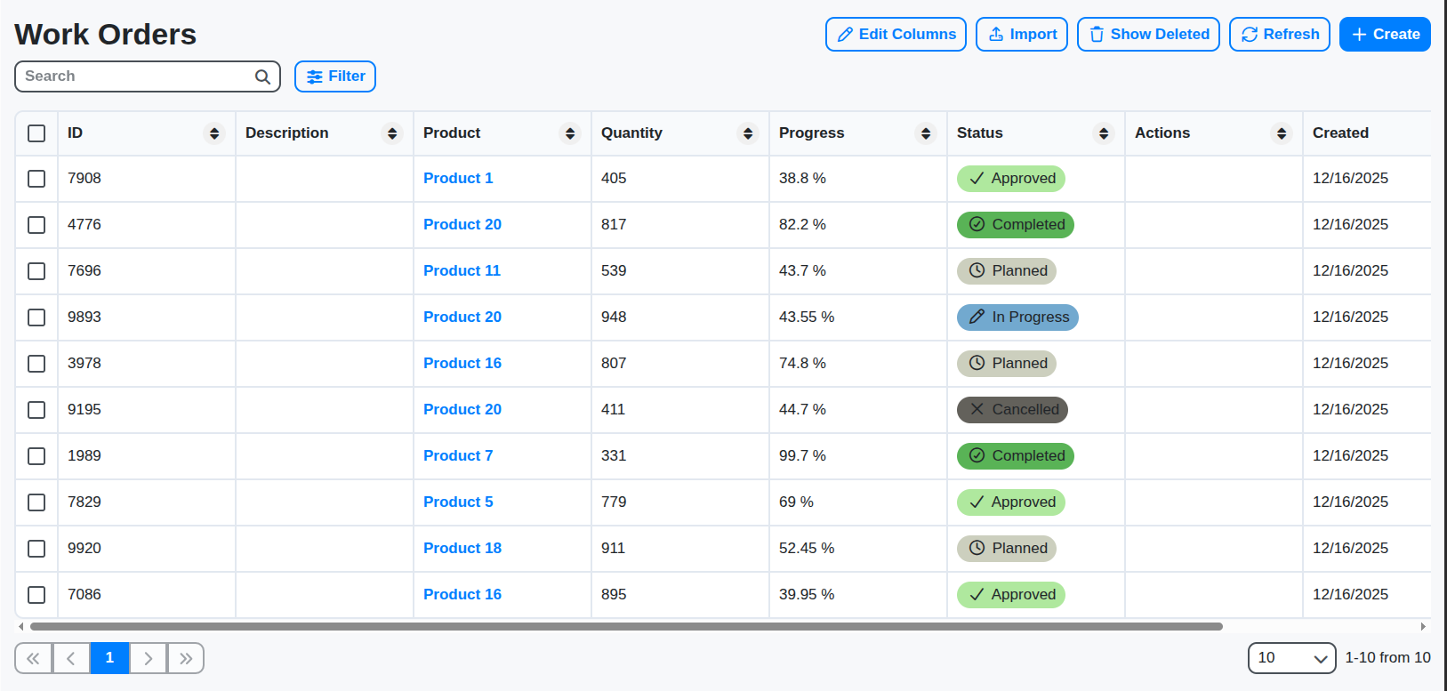 erp work orders table screenshot