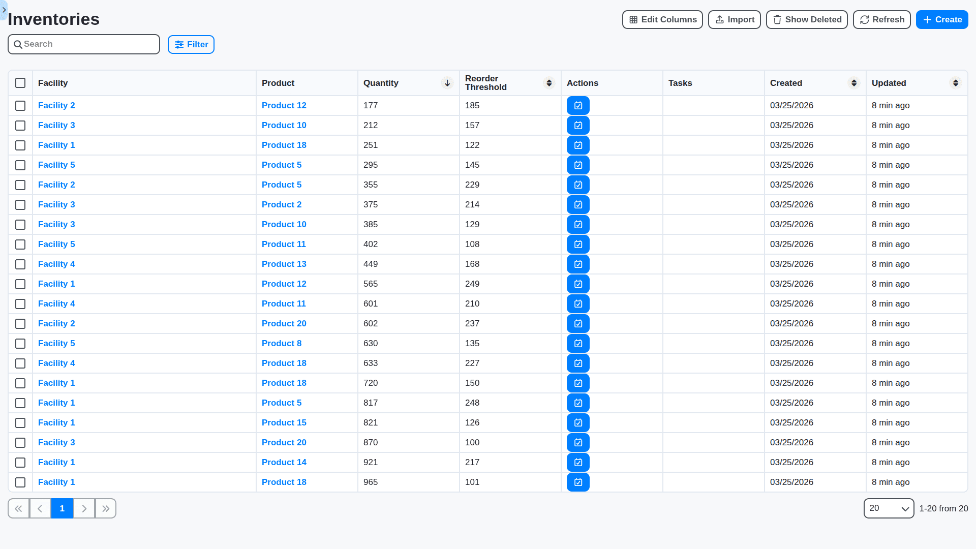 ERP - inventories table sorted by lowest quantity