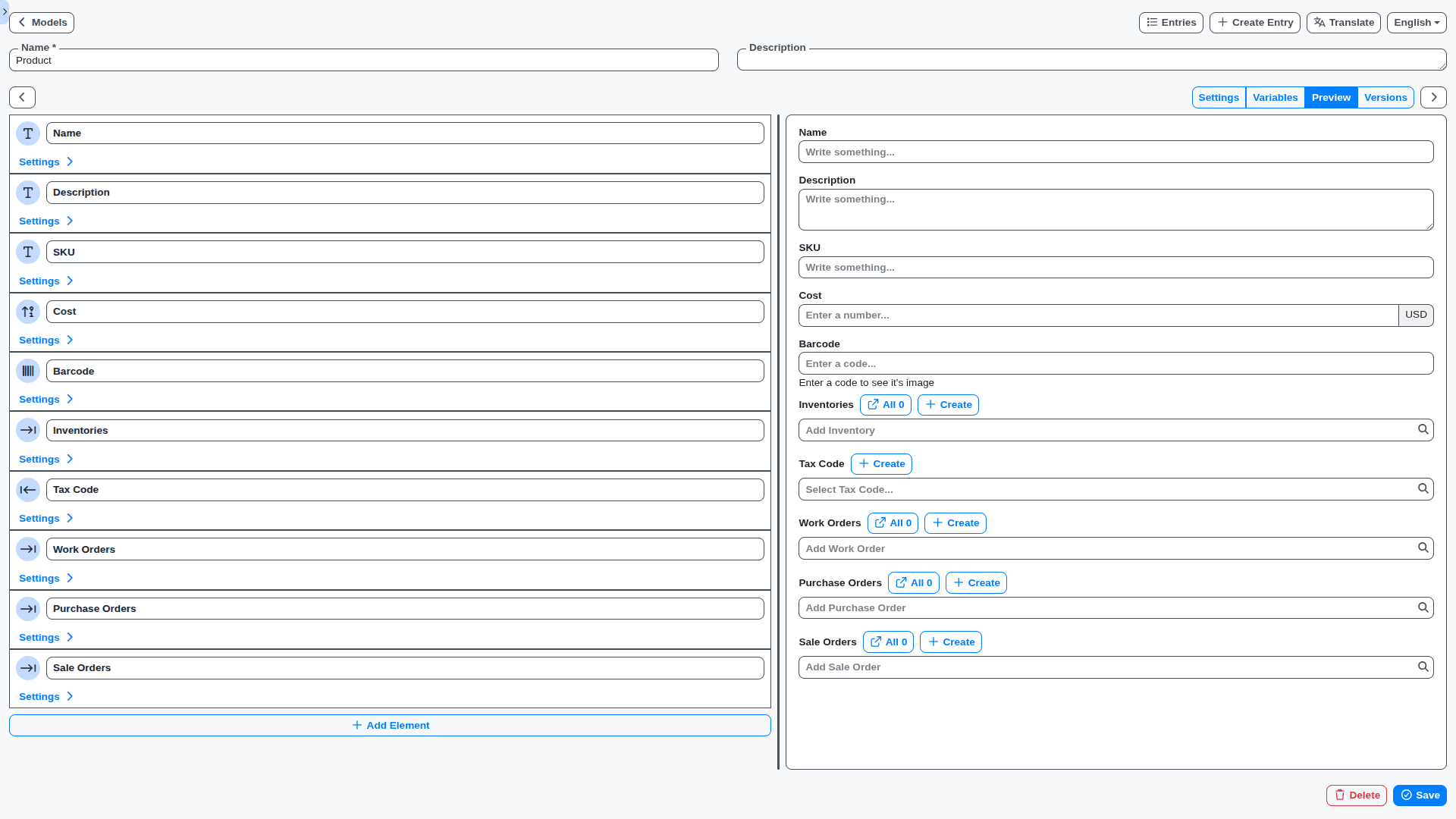 ERP - product data model designer view