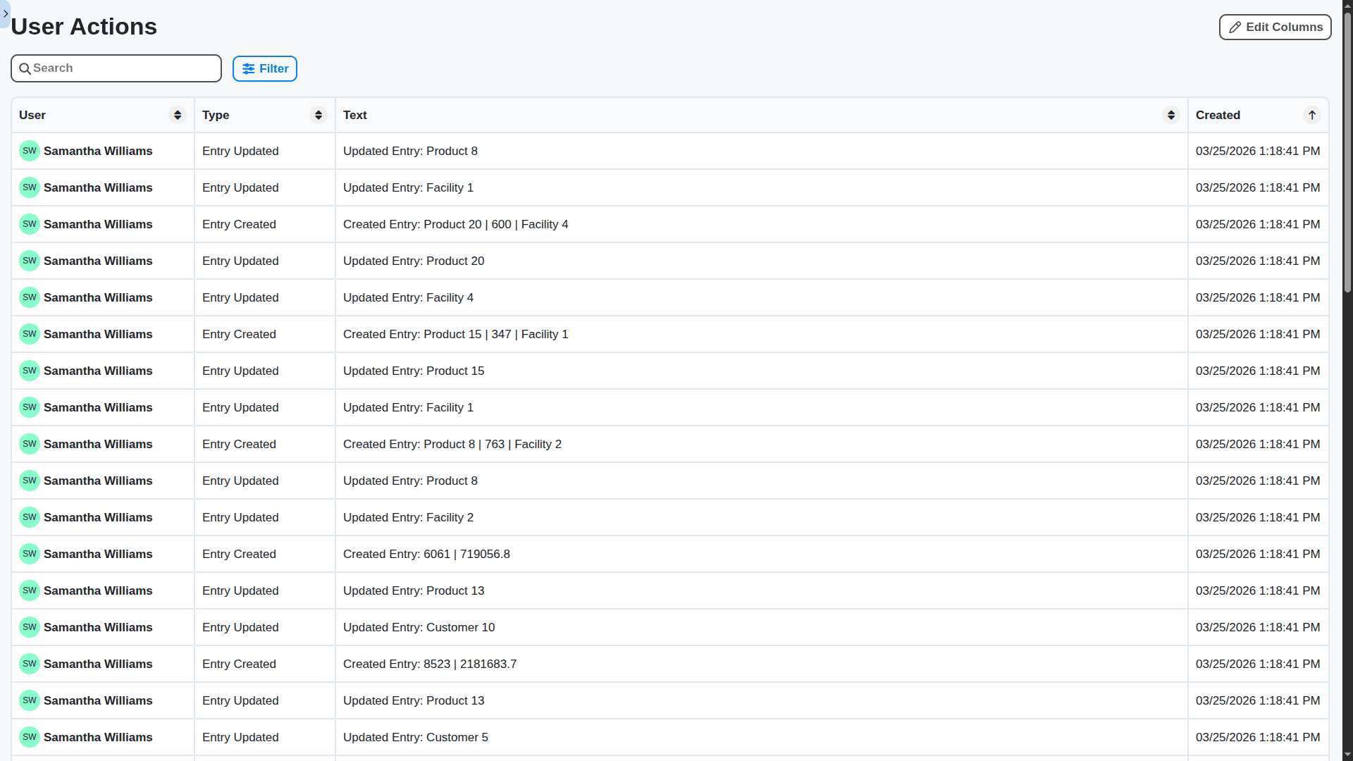 ERP - user actions table
