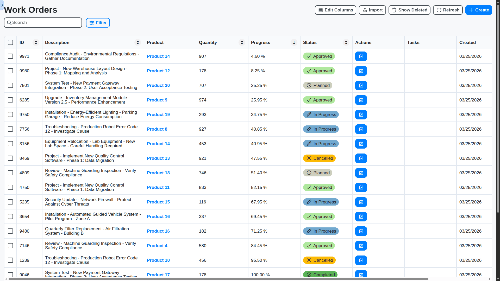 ERP - work orders table sorted by completion progress
