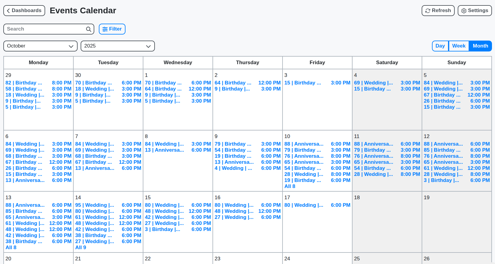 events calendar screenshot