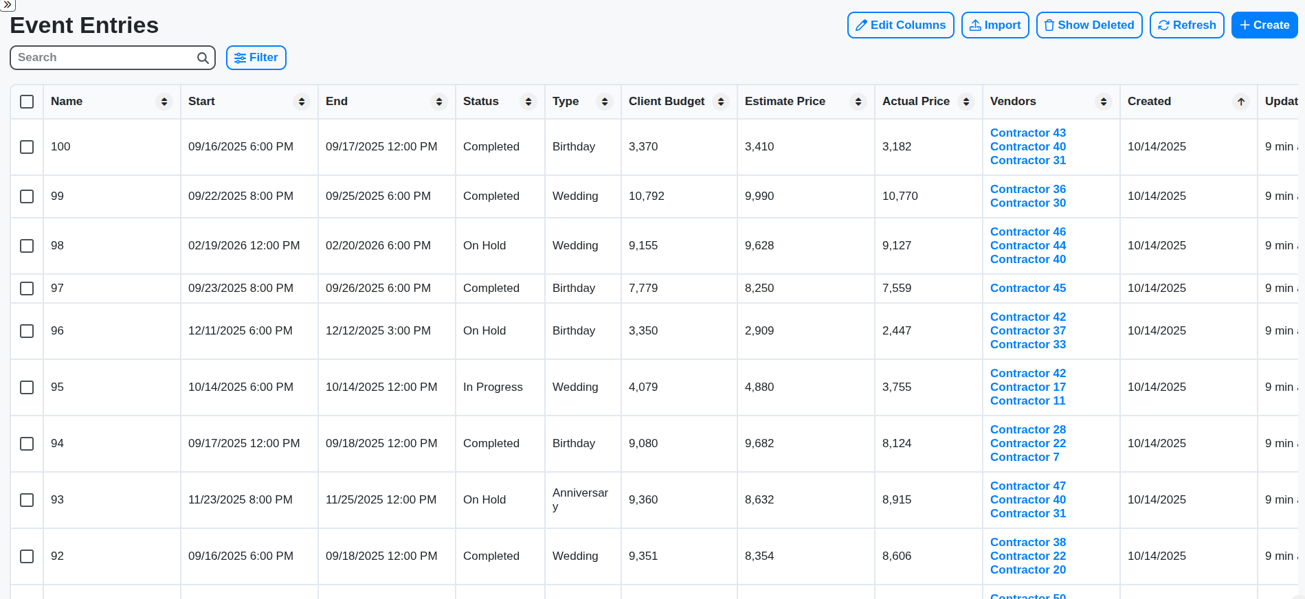 events table screenshot