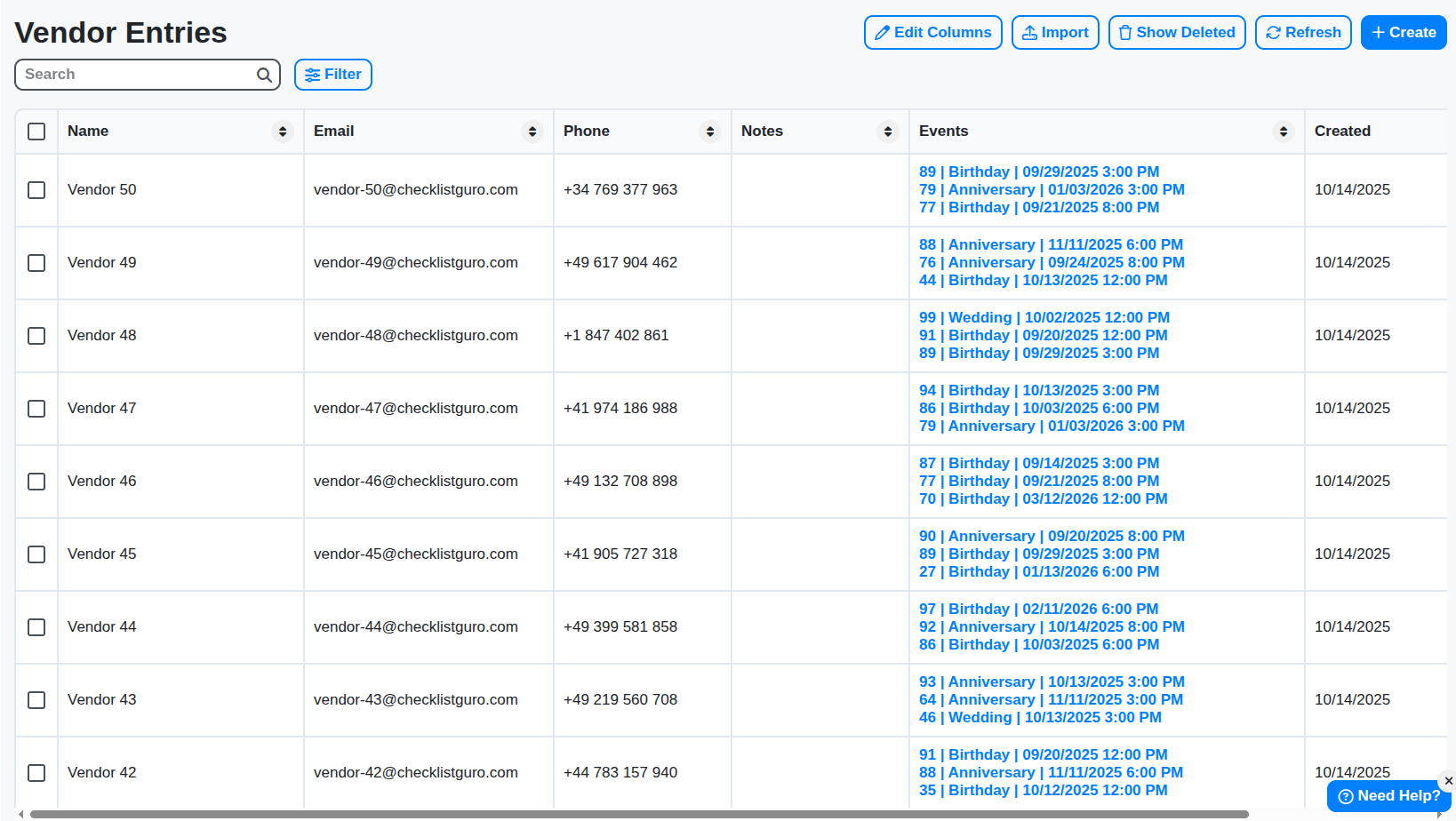 events planning vendors table screenshot