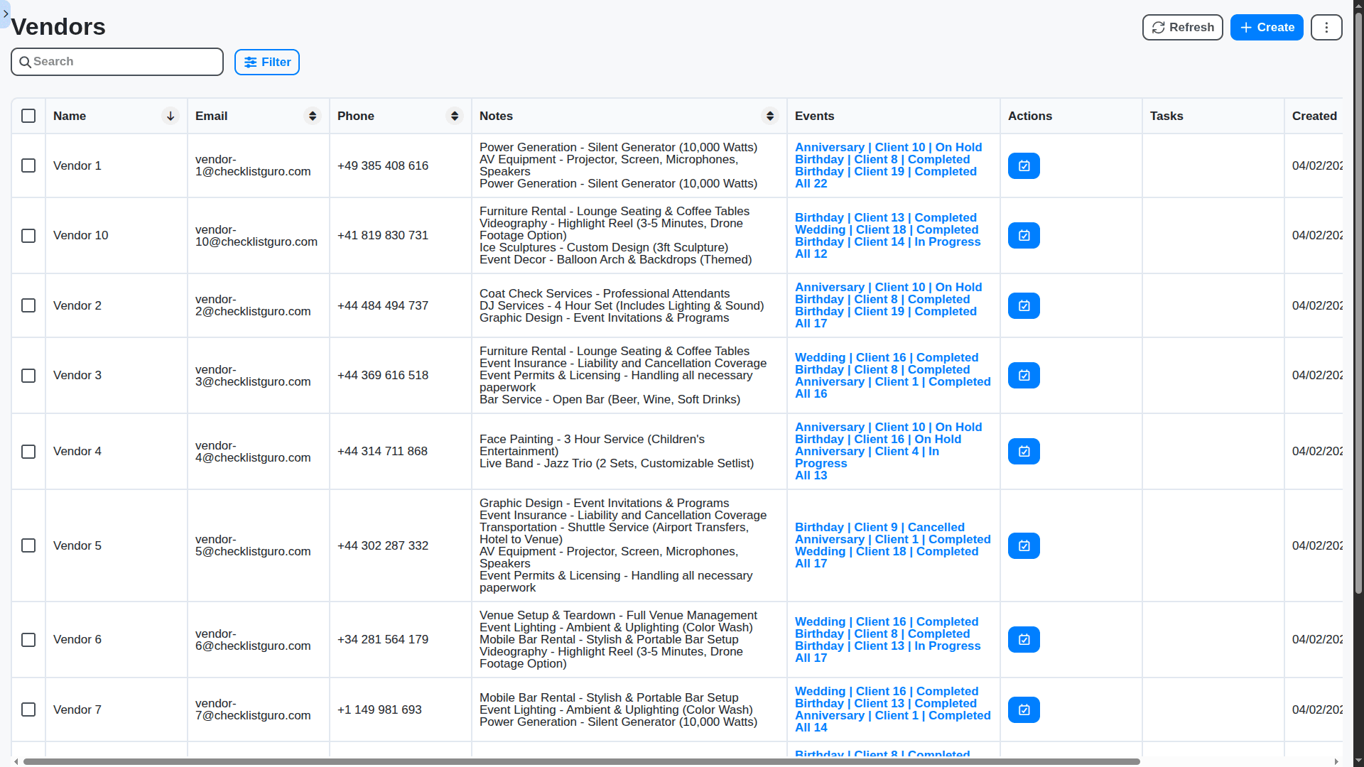 event planning management - vendors table view