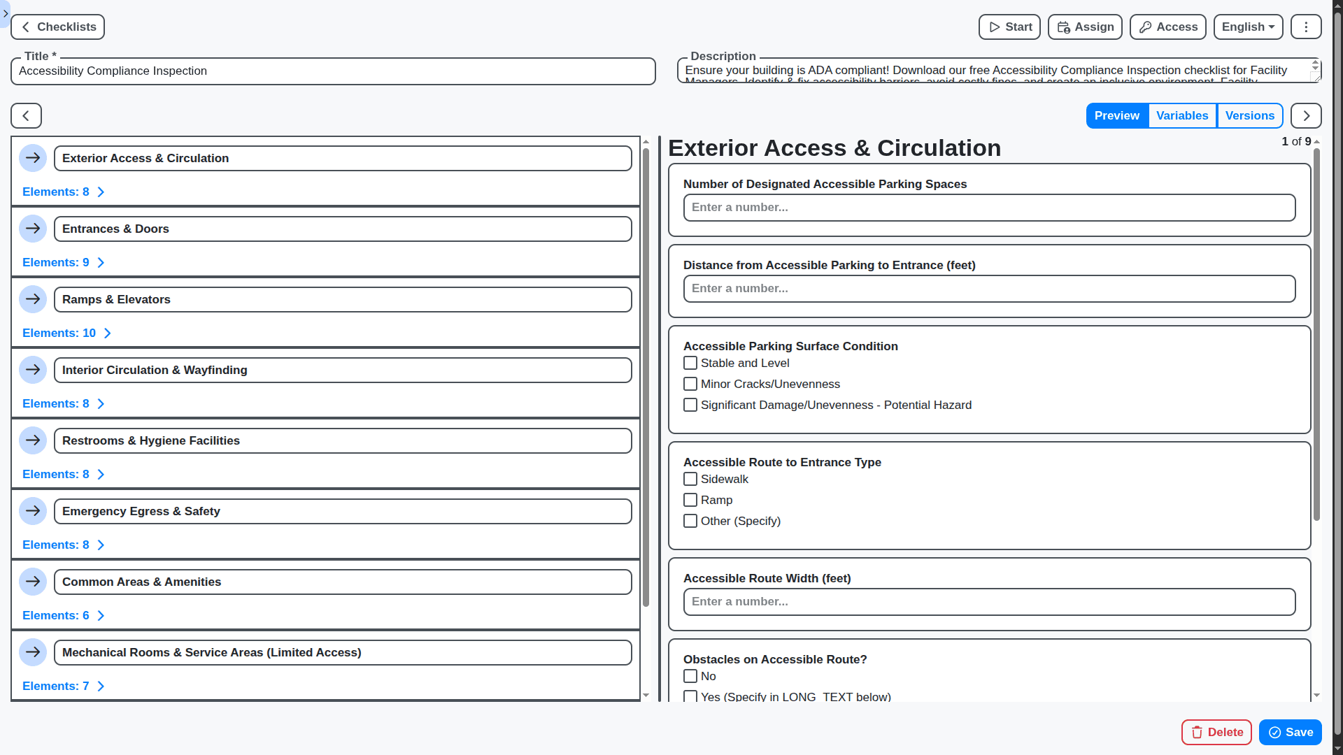 facility management accessibility compliance inspection checklist