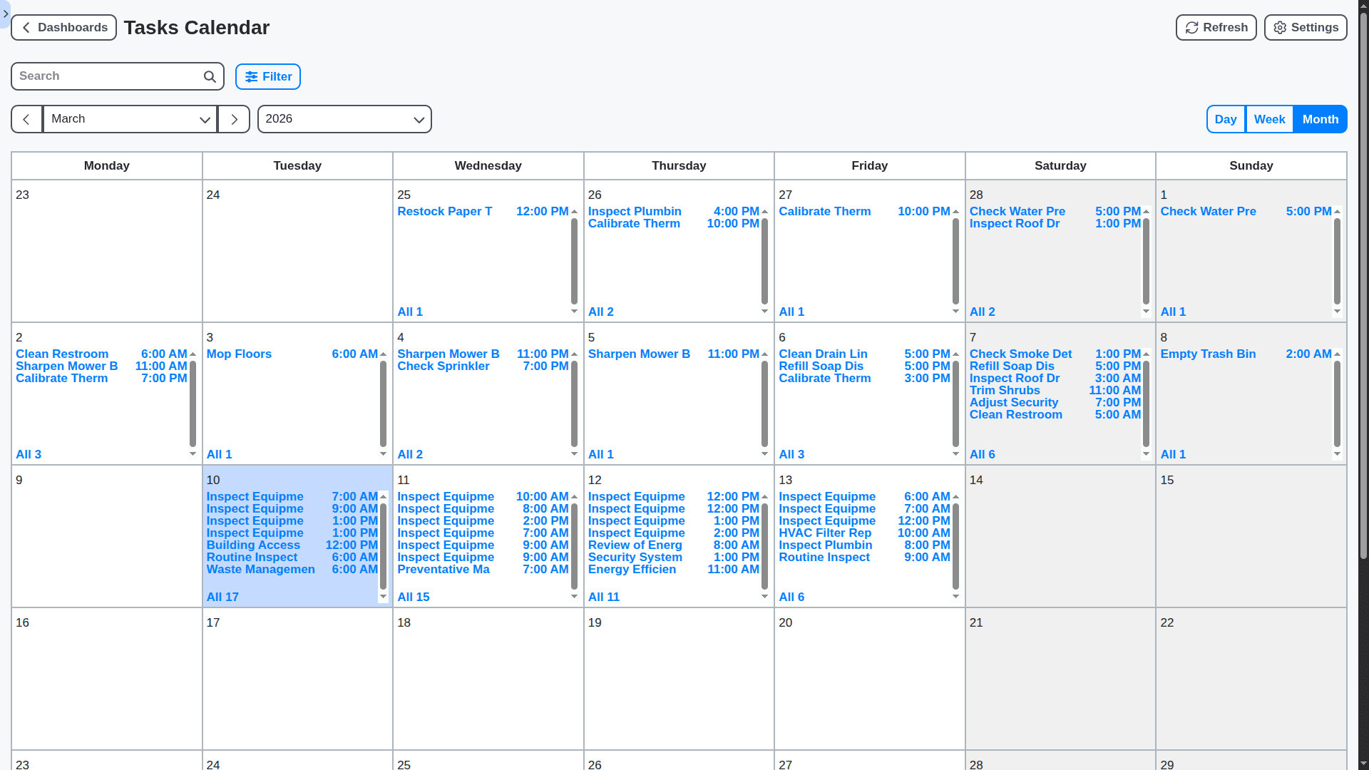 facility management scheduled tasks monthly calendar