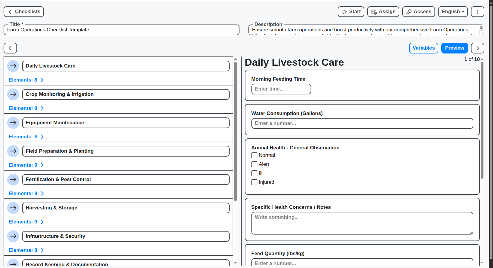 farm operations checklist screenshot