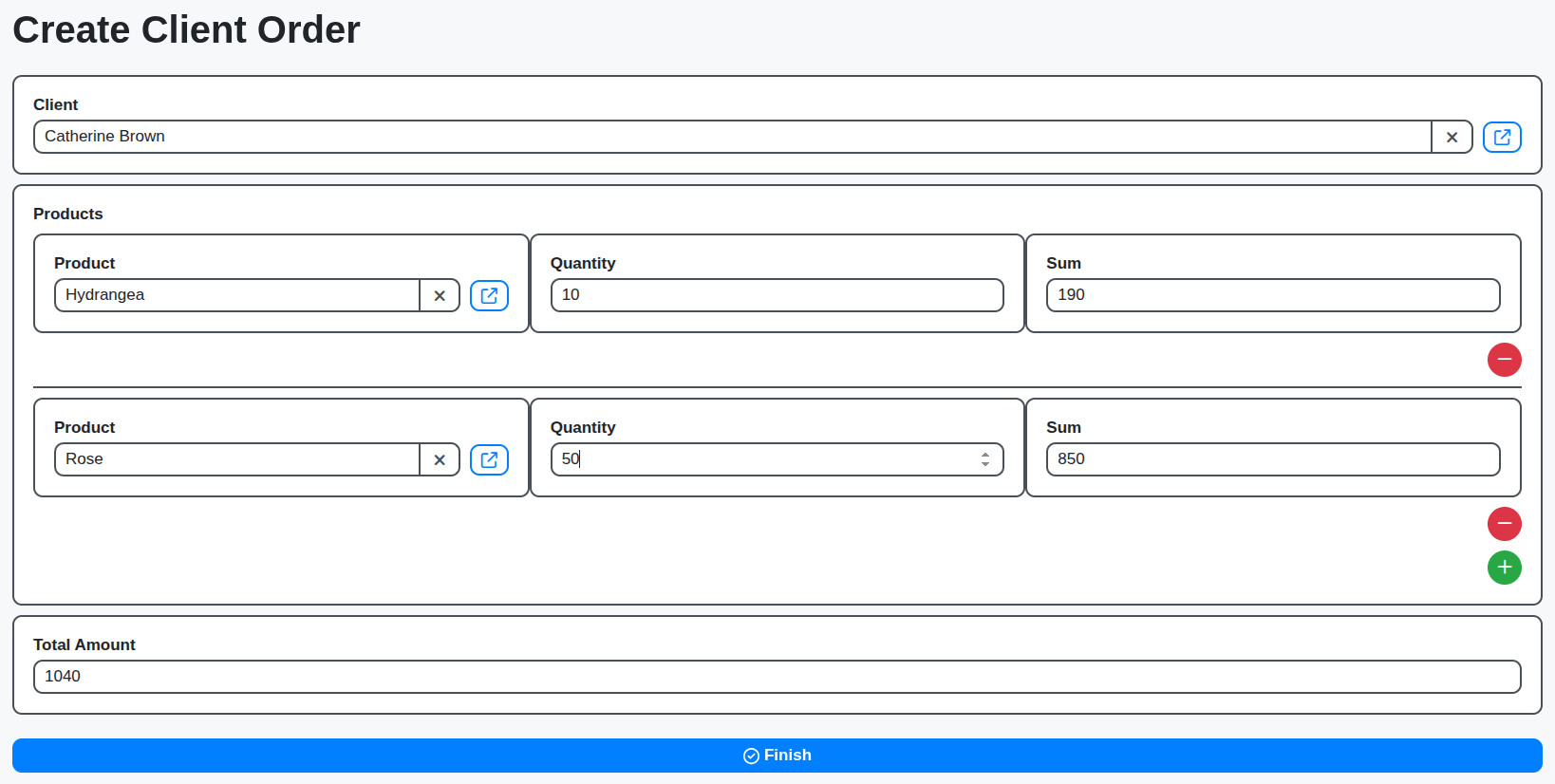 create order checklist/form screenshot