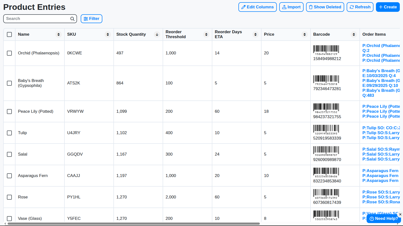 flower shop products table screenshot