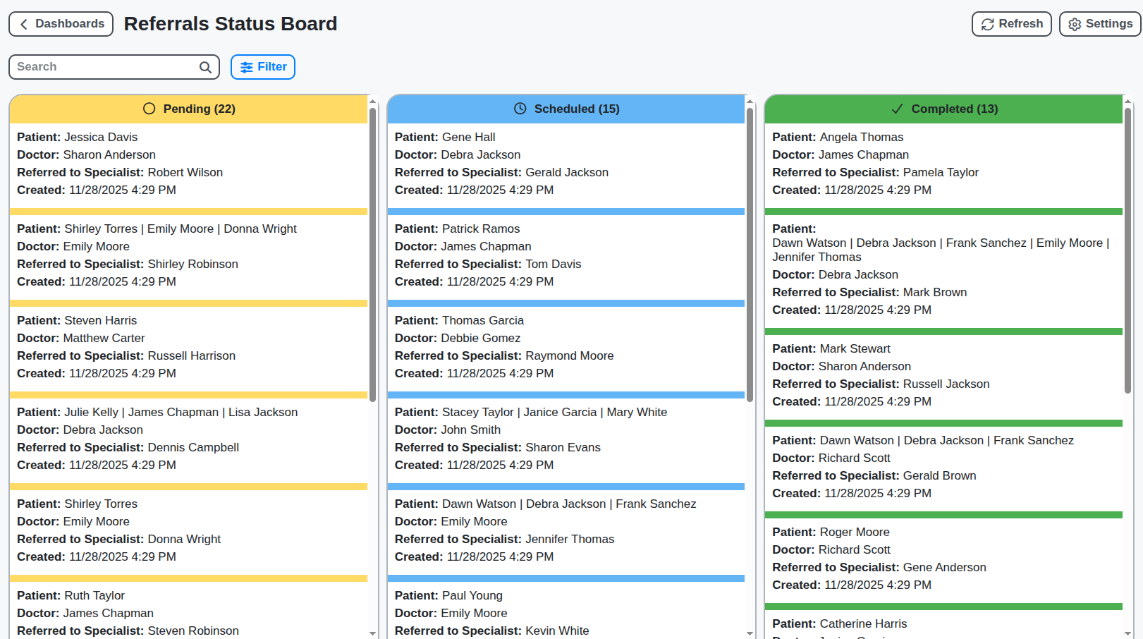 healthcare referrals status board screenshot