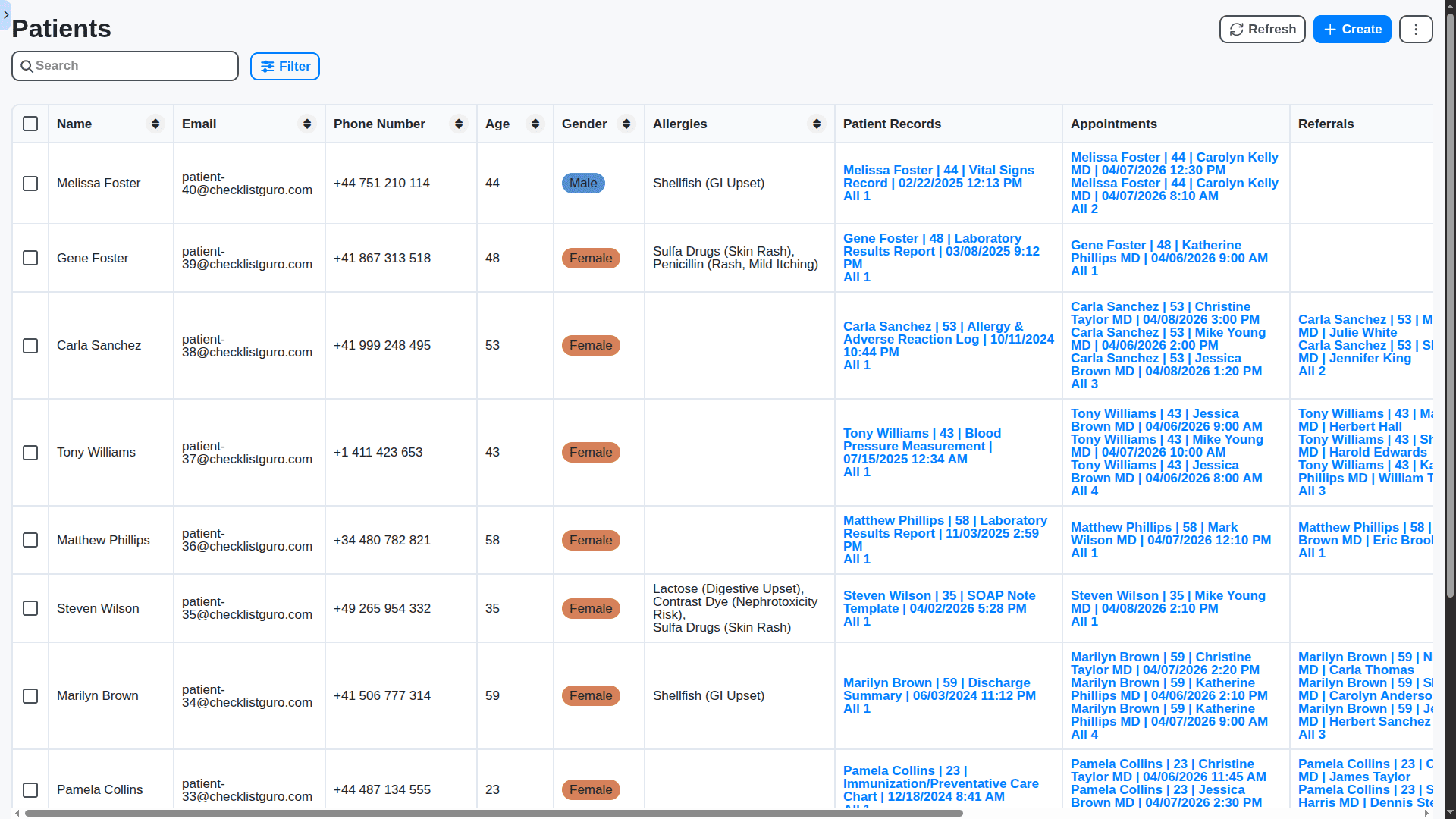healthcare management - patients main table view