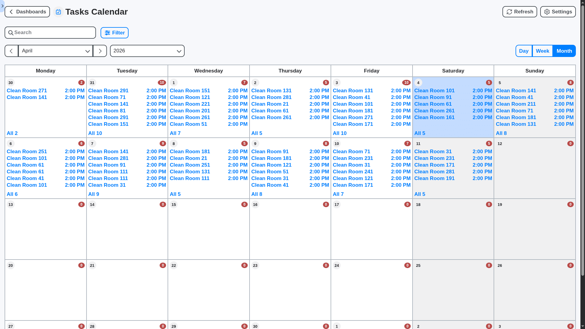 hospitality management - housekeeping tasks calendar dashboard