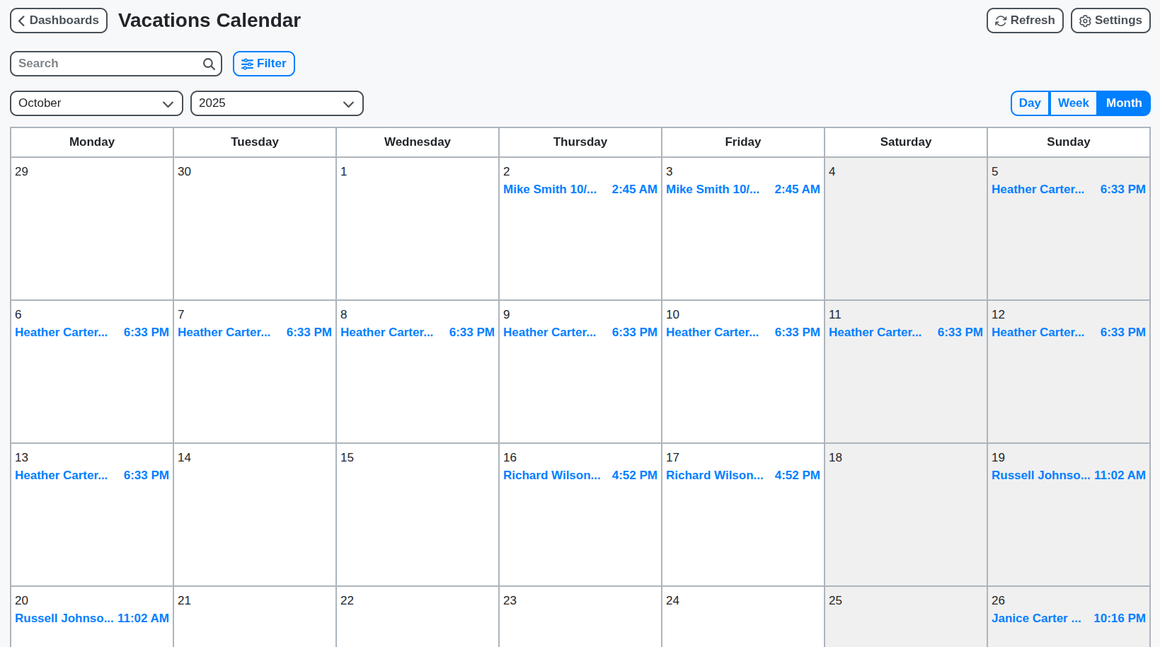 vacations calendar screenshot