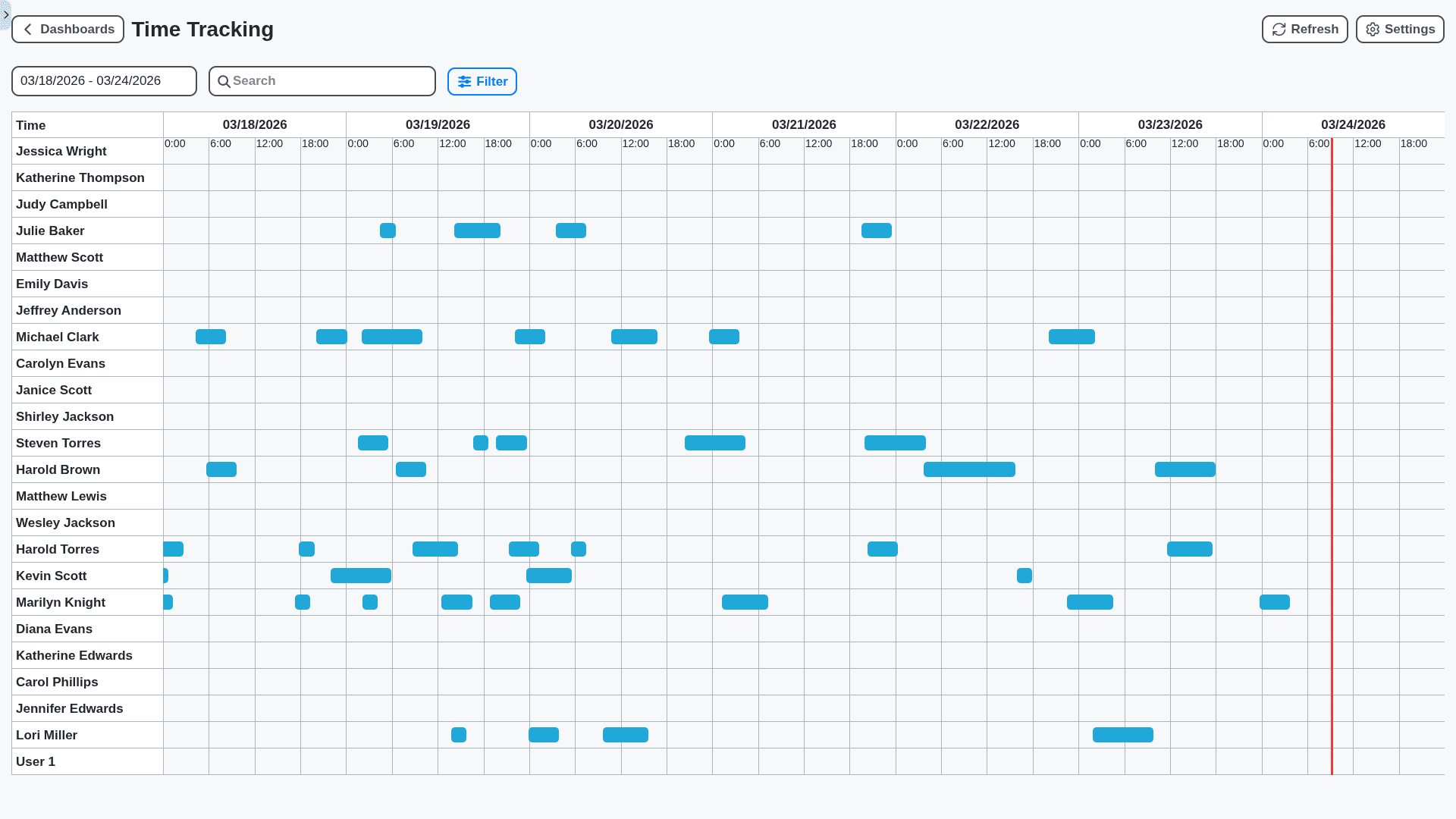 HRM - employees time tracking timeline dashboard