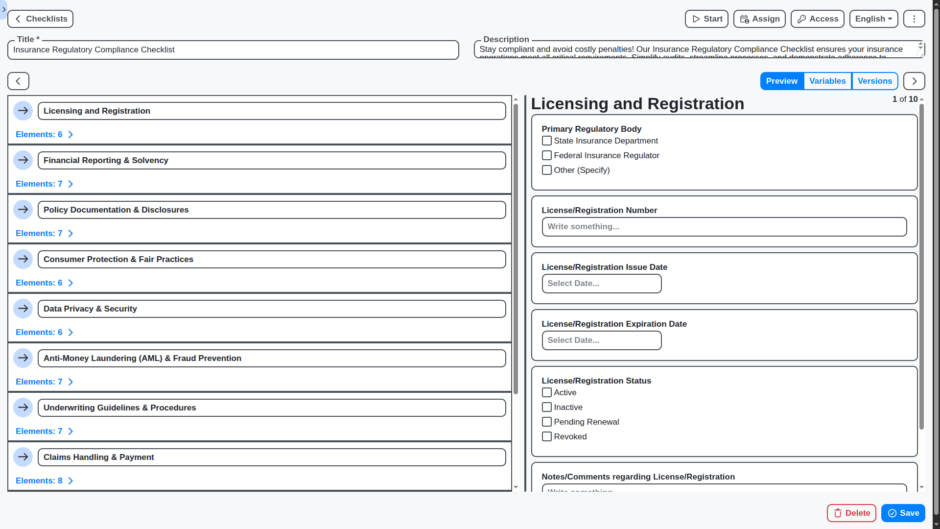 insurance management - regulatory compliance checklist