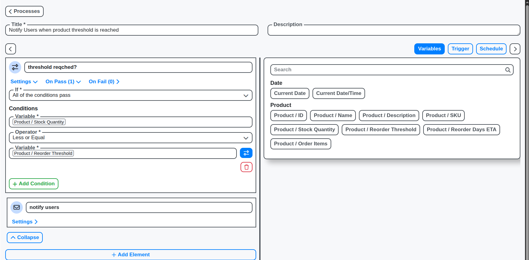 product low notification process screenshot